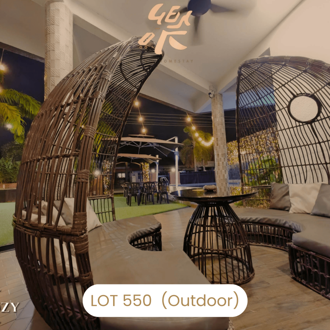 Unique rattan nest chair seating in garden at Le's Homestay Lot 550, a stylish Homestay Melaka Private Pool feature.