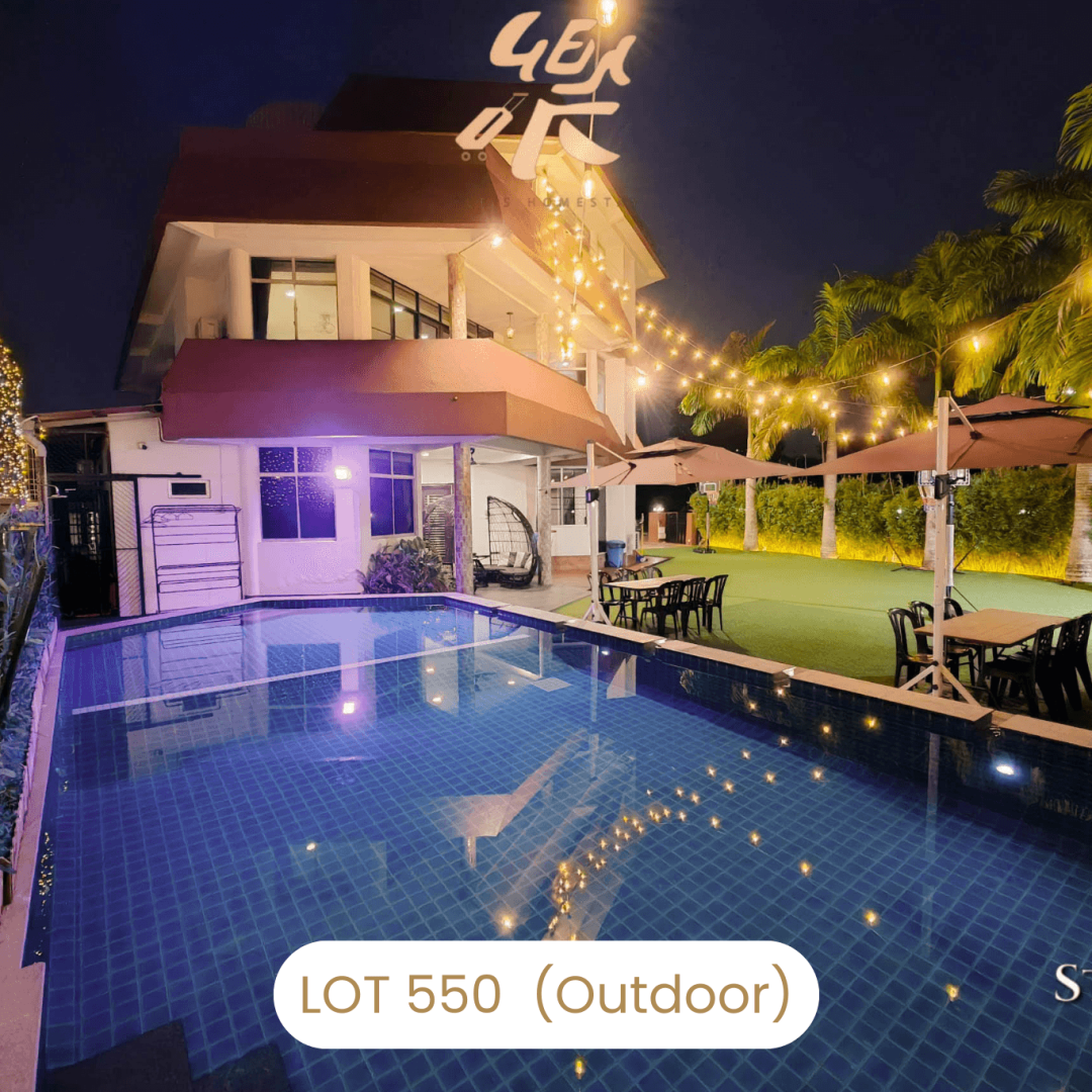 Illuminated swimming pool and villa exterior at Le's Homestay Lot 550, a premium Homestay Melaka Private Pool.