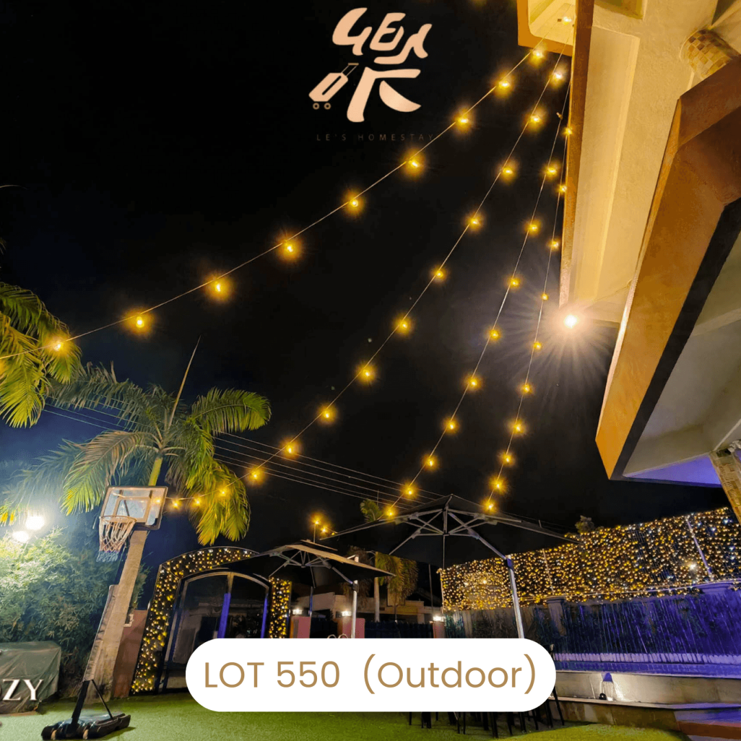 Atmospheric garden night lighting setup at Le's Homestay Lot 550, ideal for events at this Homestay Melaka Private Pool.