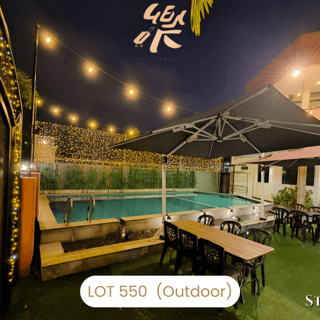 Outdoor BBQ and dining zone by the pool at Le's Homestay Lot 550, a Homestay Melaka Private Pool for parties.