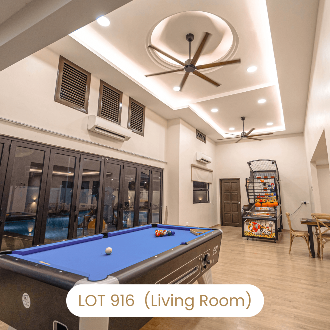 Living room entertainment hall with pool table at Le's Homestay Lot 916